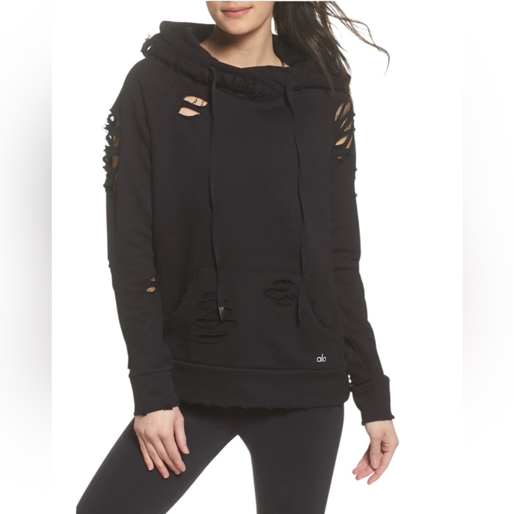 ALO Yoga Black Ripped Distressed‎ Women's Hoodie Sweatshirt Size Medium